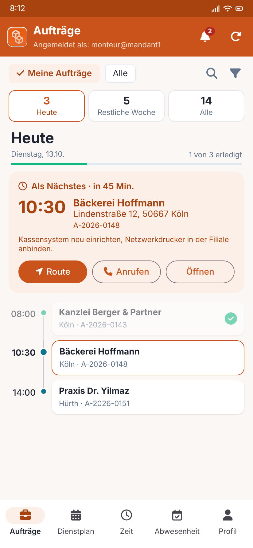 Android app: today view with next appointment, route and timeline