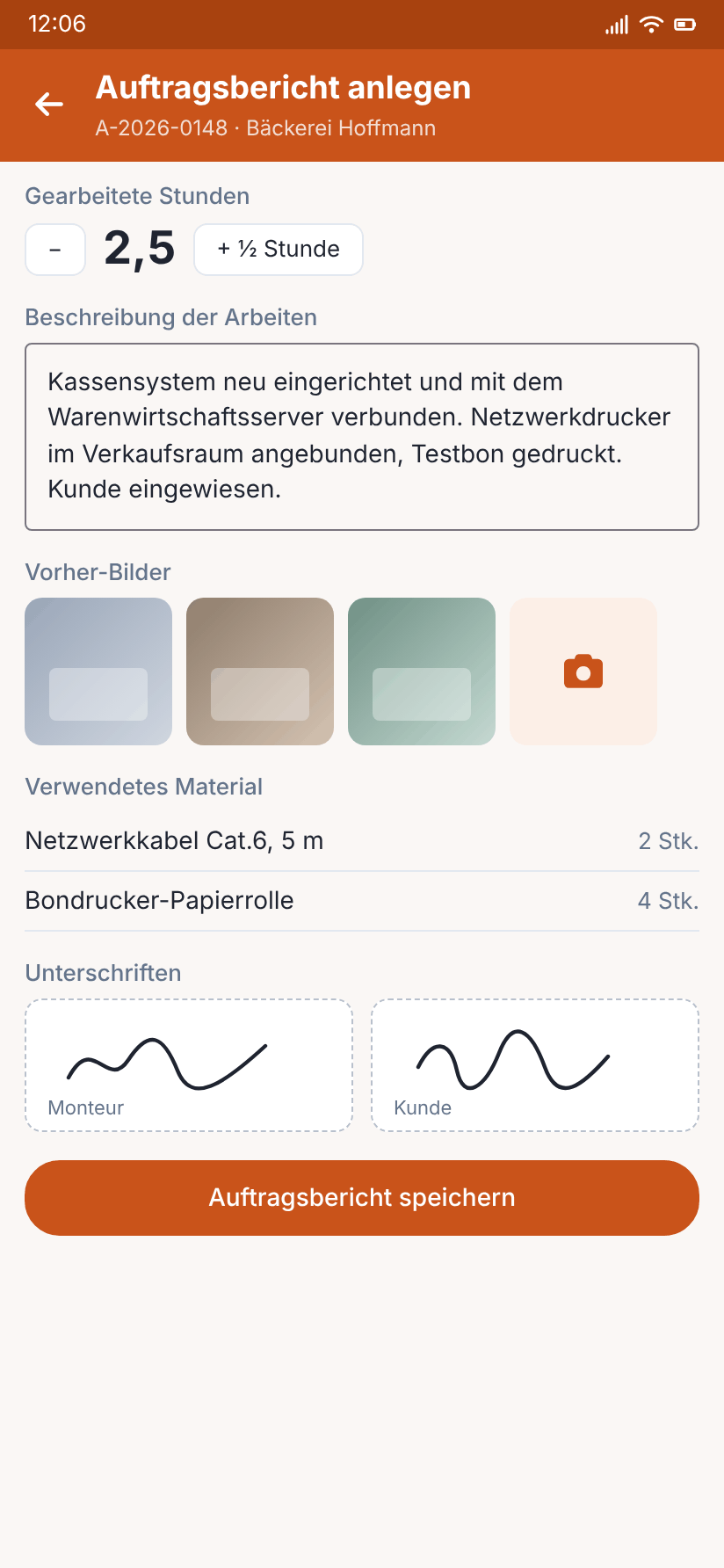 Android app: job report with hours, photos, material and signatures