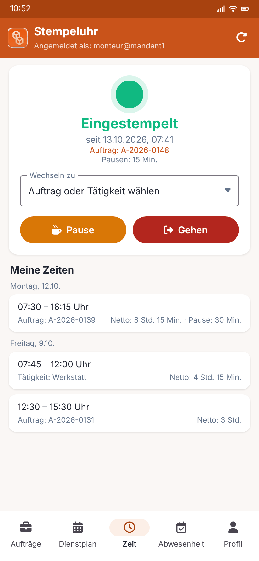 Android app: time clock with status, break and clock-out