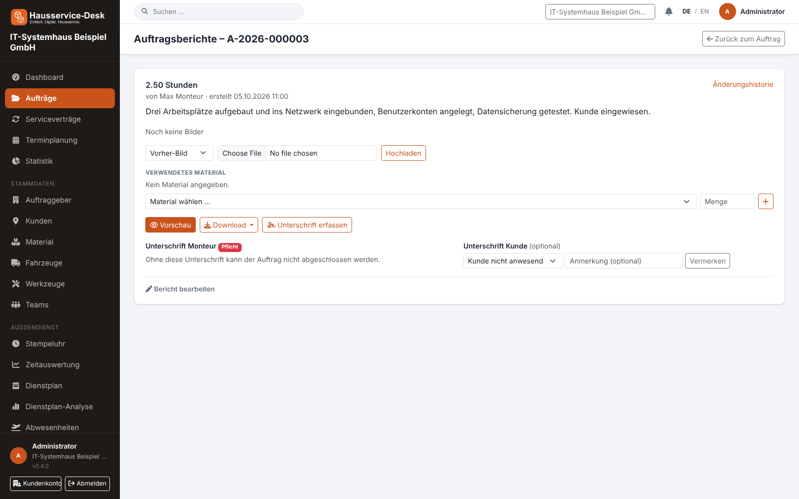 Auftragsbericht im Browser mit Stunden, Arbeiten, Bild-Upload, Material und Unterschriften