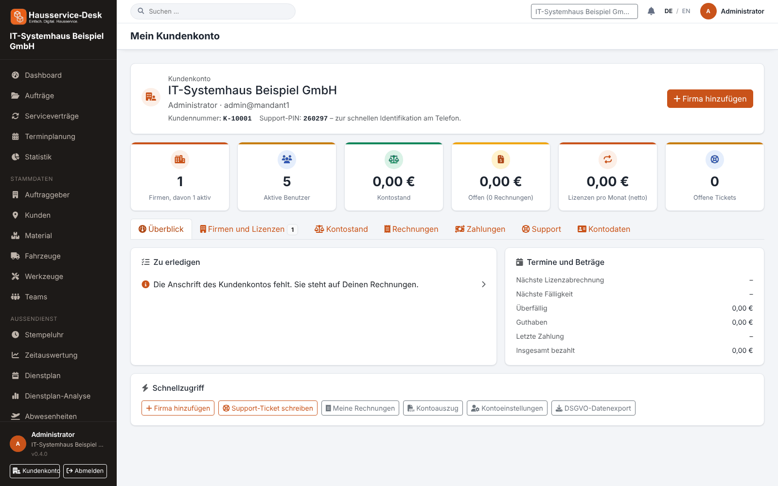 Customer account in the browser with companies, package and billing